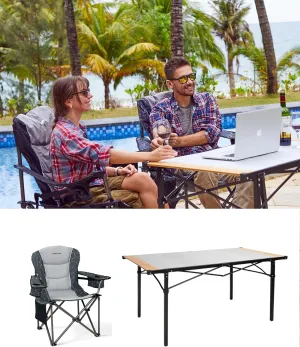 KingCamp Oversized Camping Folding Chair, Heavy Duty 450 LBS with Lumbar Support&Folding Camping Table, Aluminum Roll-Up Camp Table