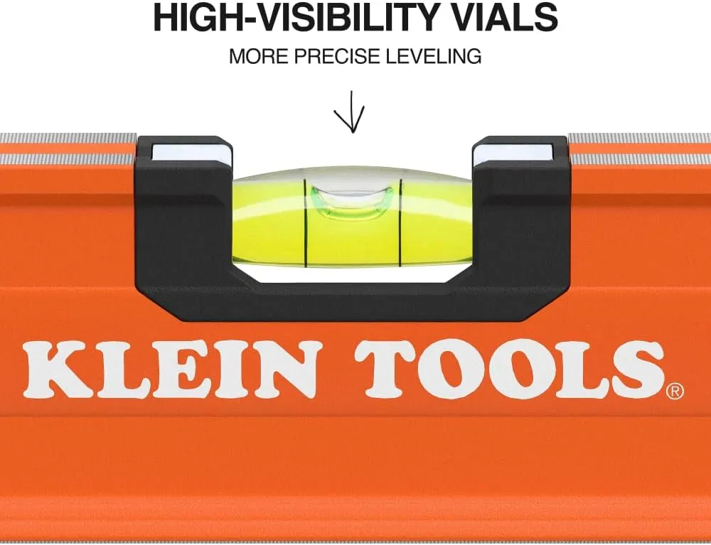 Klein Tools 93548 48-Inch Box Level, Box Beam, 3 Vials, High Visibility Orange, Aluminum Body