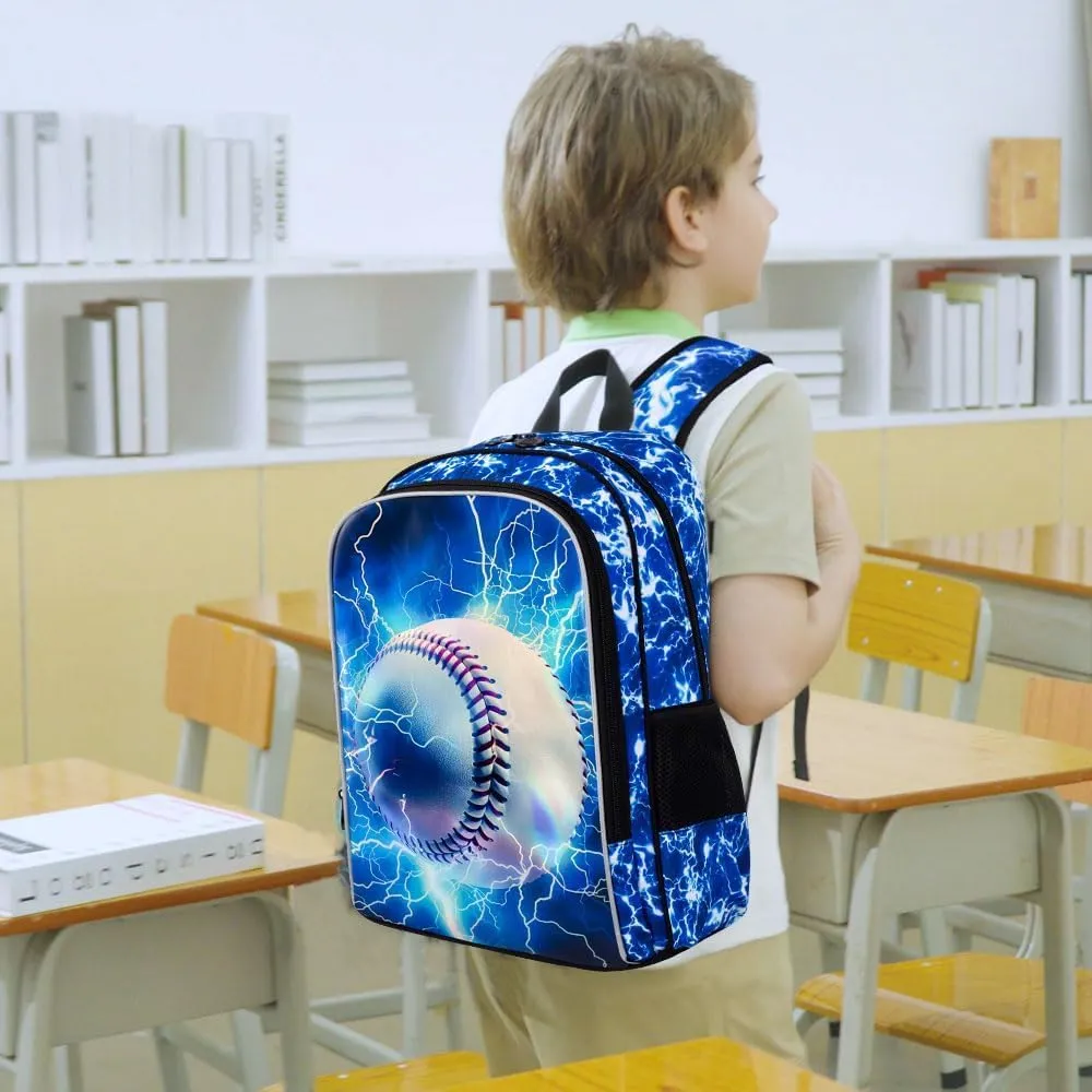 KLFVB 3PCS Boys Bookbag, 17" Kids Backpack and Lunch Box, Water Resistant Teenagers School Bag for Middle Elementary - Lightning Baseball