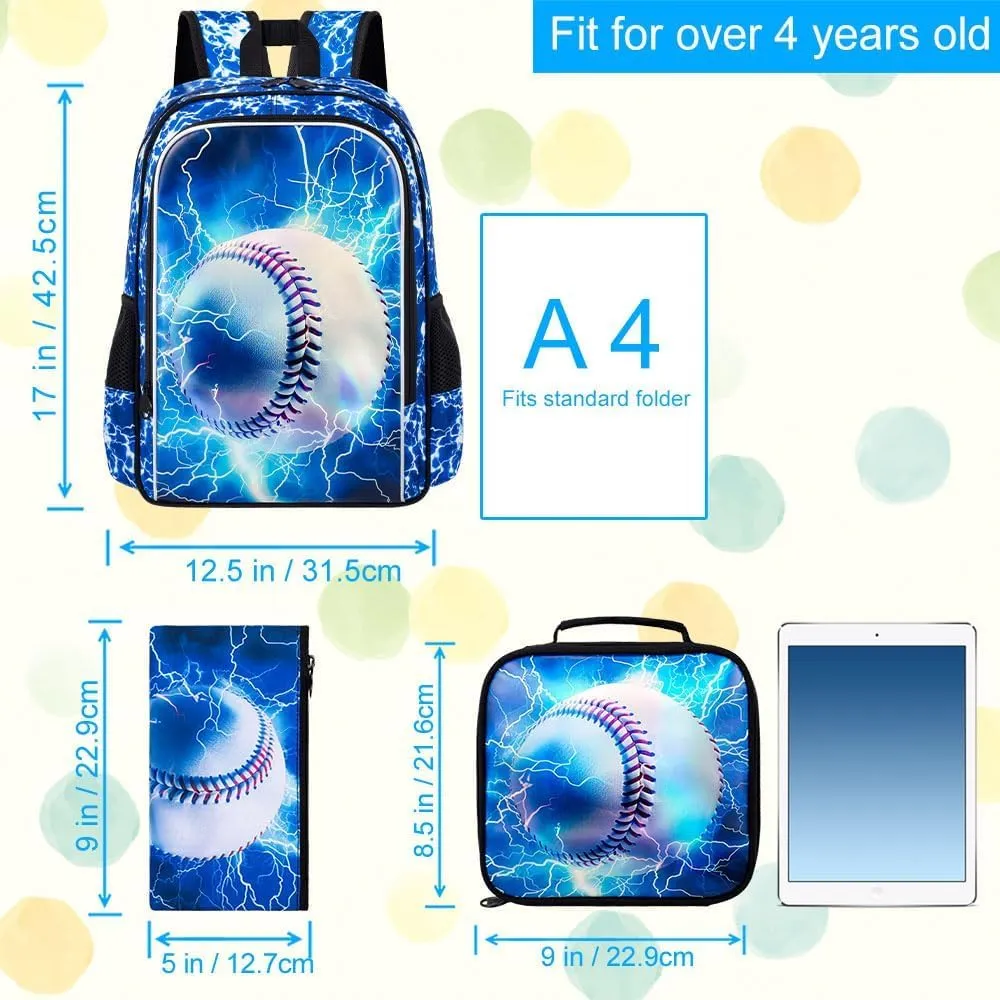 KLFVB 3PCS Boys Bookbag, 17" Kids Backpack and Lunch Box, Water Resistant Teenagers School Bag for Middle Elementary - Lightning Baseball