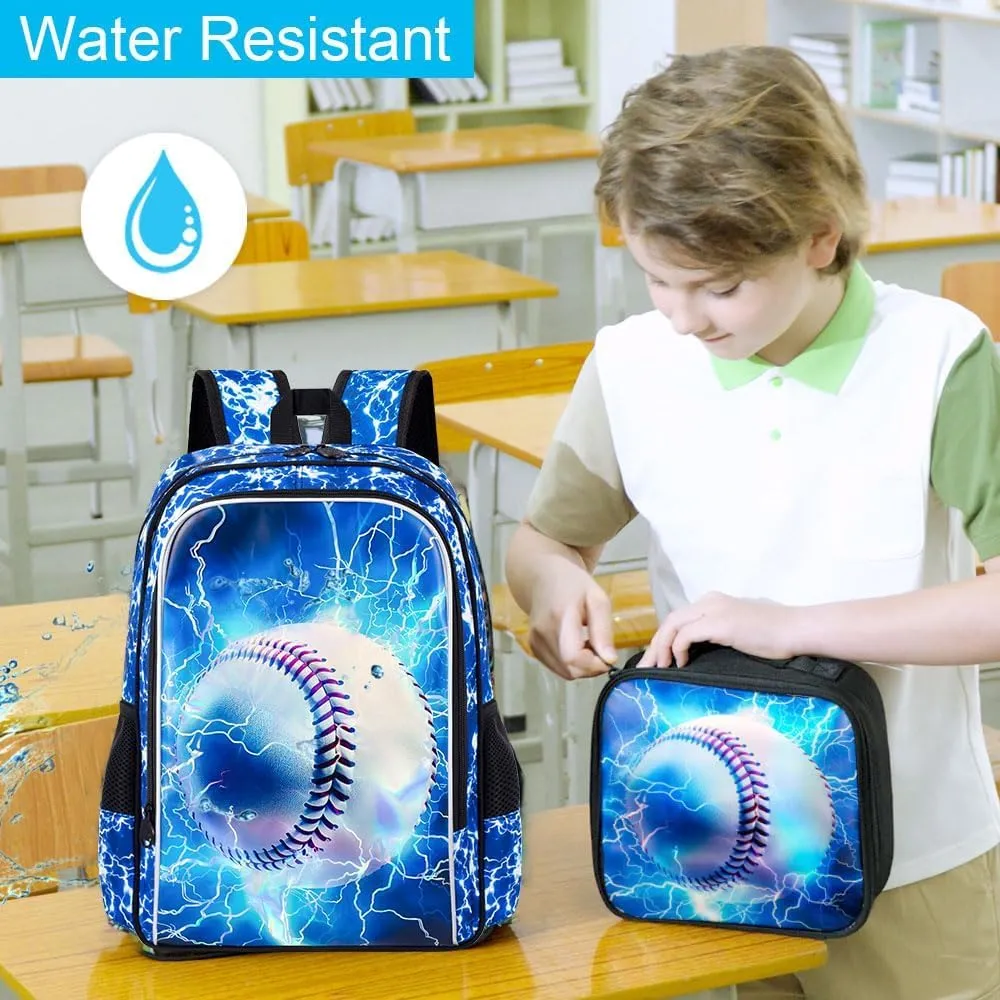 KLFVB 3PCS Boys Bookbag, 17" Kids Backpack and Lunch Box, Water Resistant Teenagers School Bag for Middle Elementary - Lightning Baseball