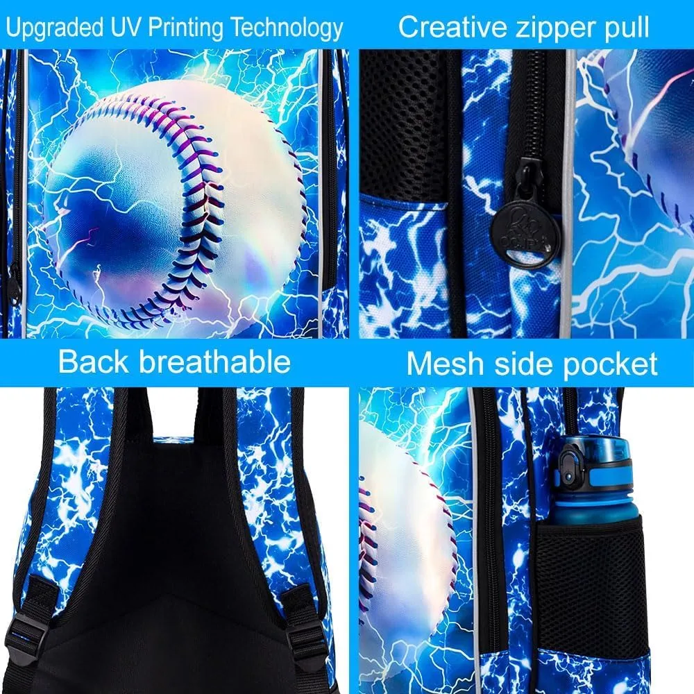 KLFVB 3PCS Boys Bookbag, 17" Kids Backpack and Lunch Box, Water Resistant Teenagers School Bag for Middle Elementary - Lightning Baseball
