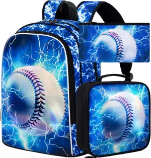KLFVB 3PCS Boys Bookbag, 17" Kids Backpack and Lunch Box, Water Resistant Teenagers School Bag for Middle Elementary - Lightning Baseball