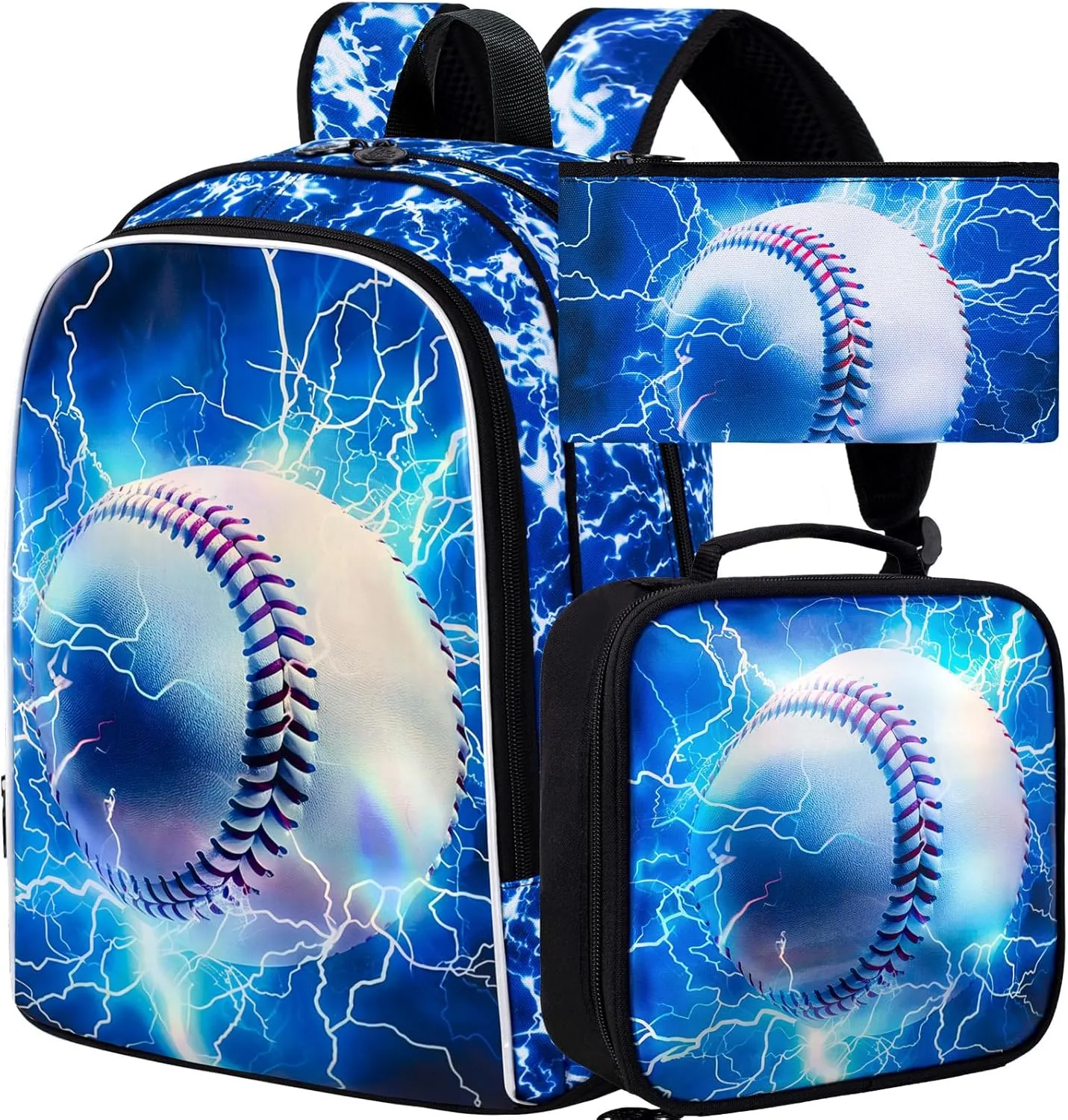 KLFVB 3PCS Boys Bookbag, 17" Kids Backpack and Lunch Box, Water Resistant Teenagers School Bag for Middle Elementary - Lightning Baseball