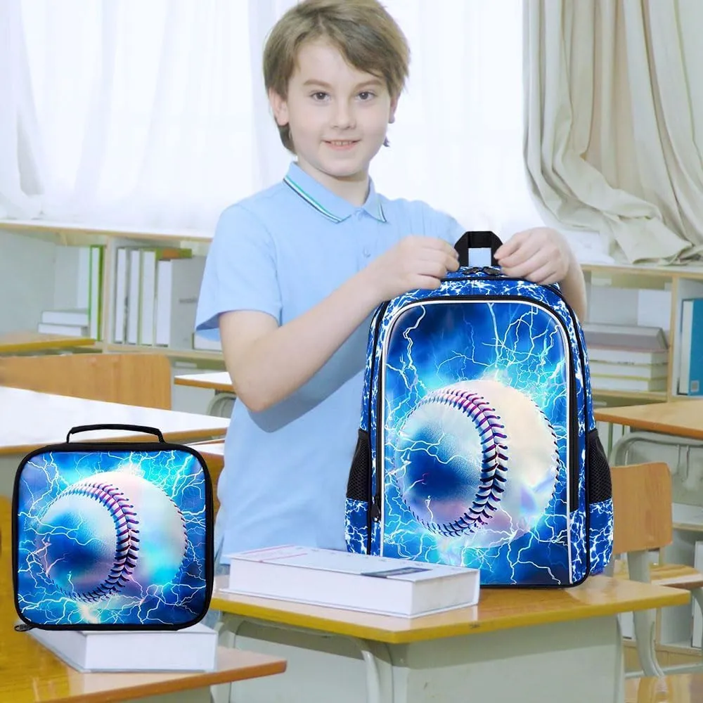 KLFVB 3PCS Boys Bookbag, 17" Kids Backpack and Lunch Box, Water Resistant Teenagers School Bag for Middle Elementary - Lightning Baseball