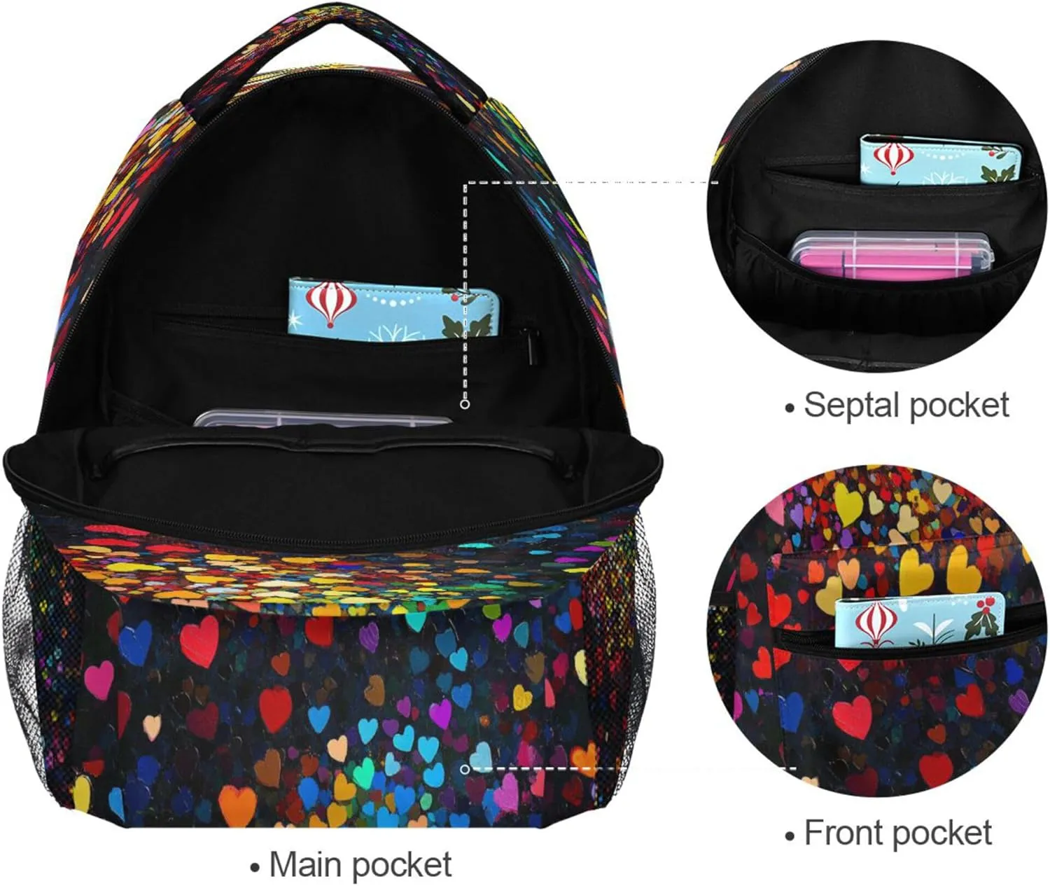 KLL Cool Backpacks for Unisex Adult Waterproof Backpack With Water Bottle Pocket with Chest Strap Gift Men & Women Colorful Hearts Rainbow