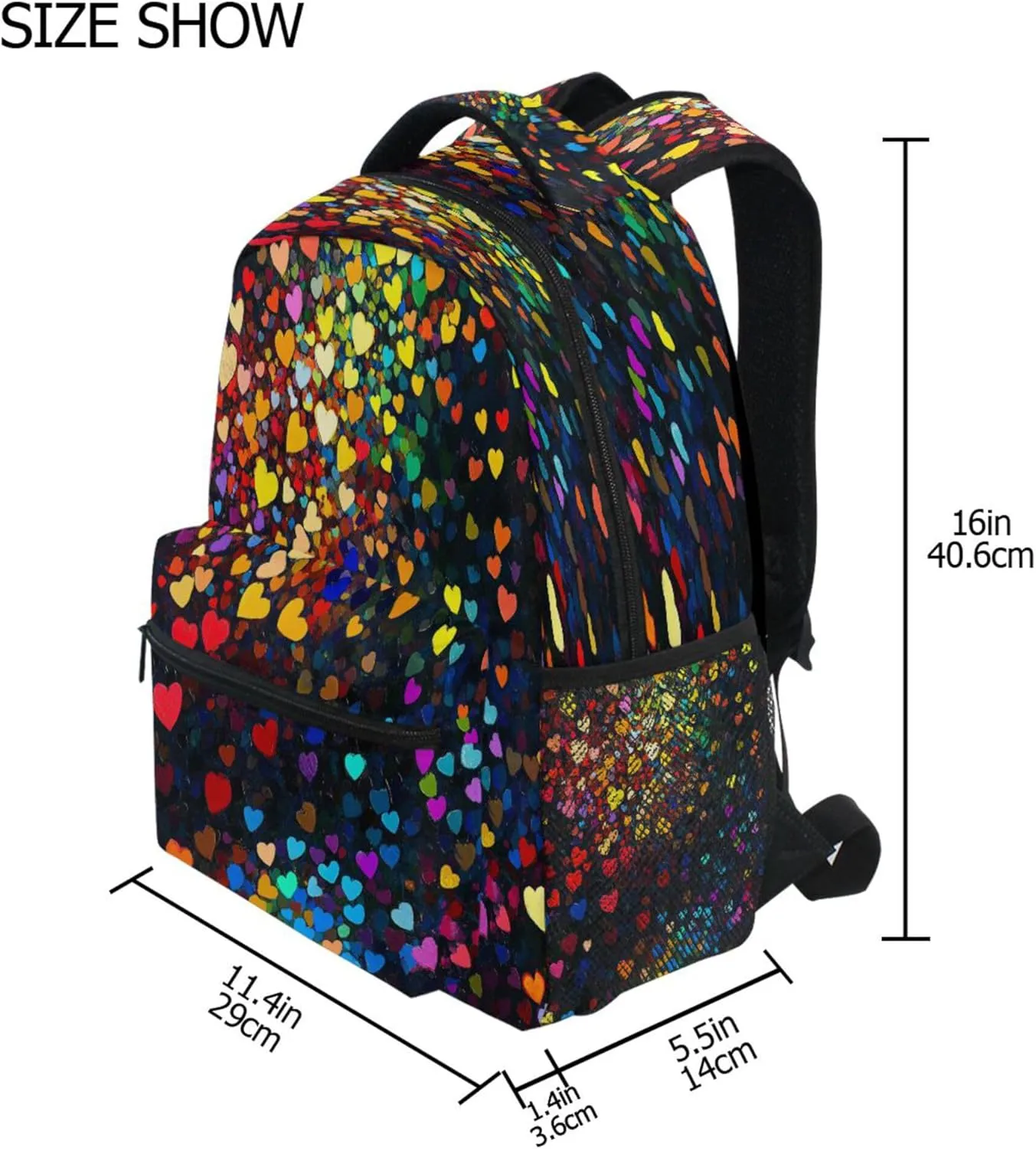 KLL Cool Backpacks for Unisex Adult Waterproof Backpack With Water Bottle Pocket with Chest Strap Gift Men & Women Colorful Hearts Rainbow