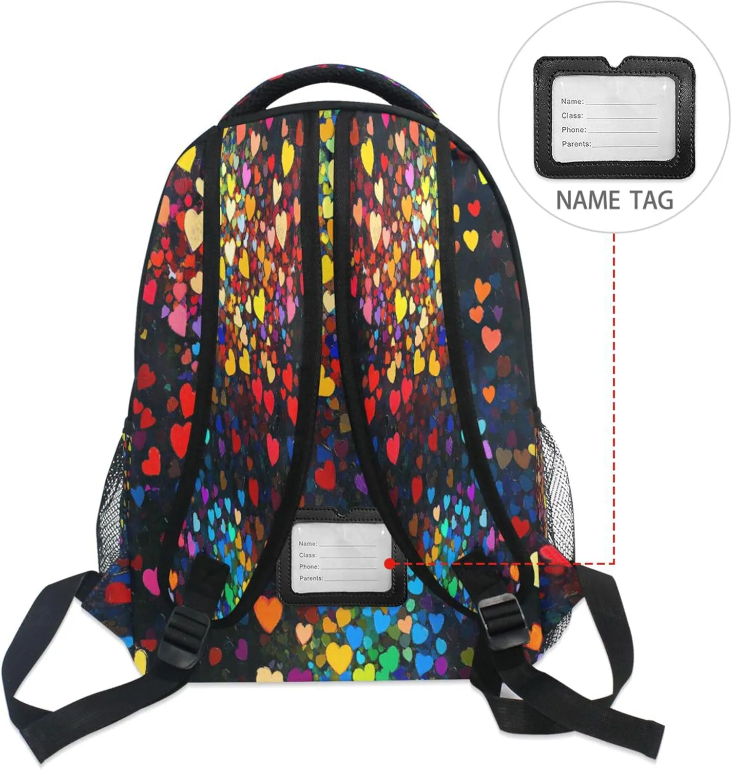 KLL Cool Backpacks for Unisex Adult Waterproof Backpack With Water Bottle Pocket with Chest Strap Gift Men & Women Colorful Hearts Rainbow