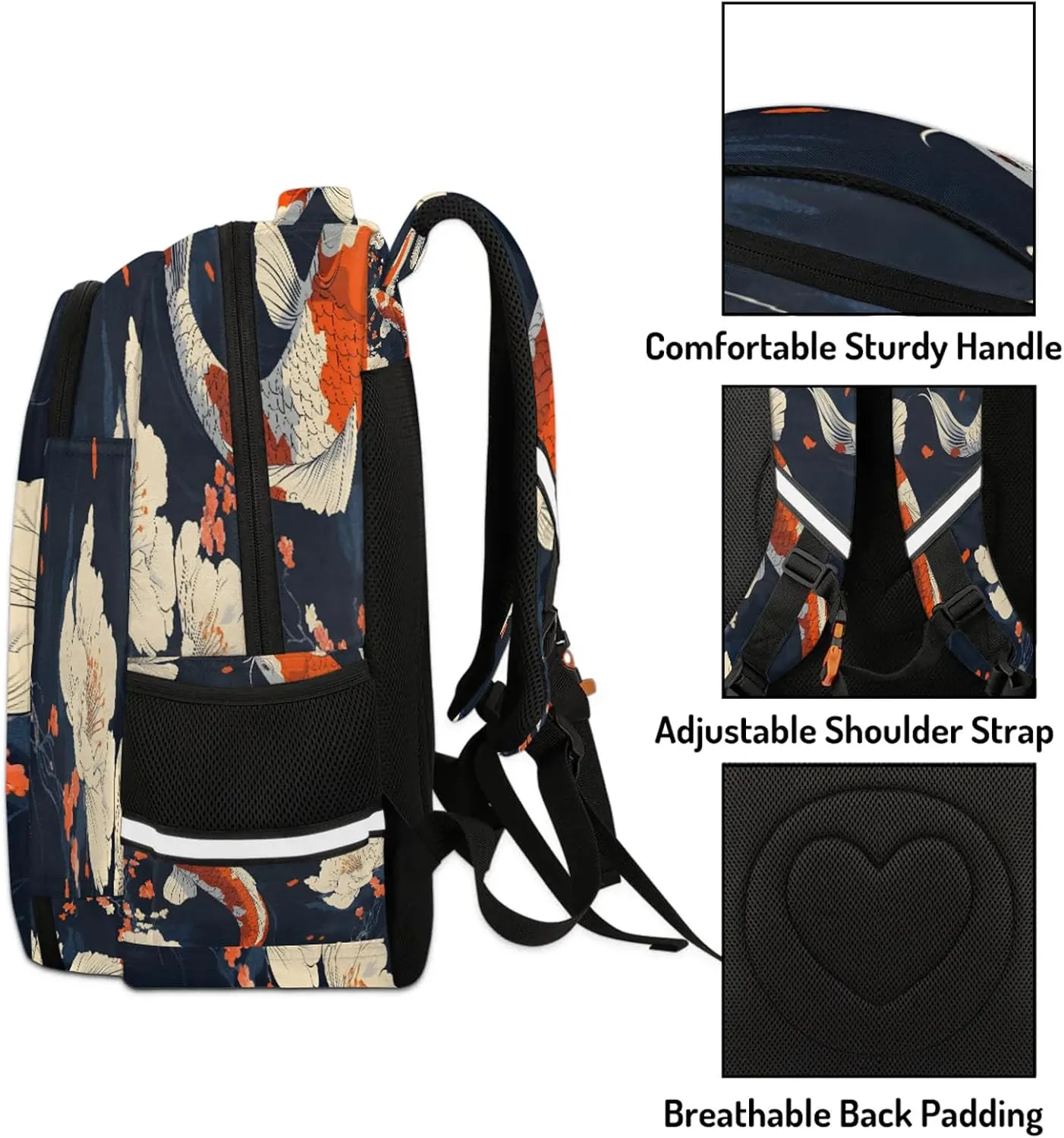 Koi Fish Travel Backpack Floral Waterproof Laptop Shoulder Bag with Adjustable Strap Casual Hiking Gym Travel Daypack