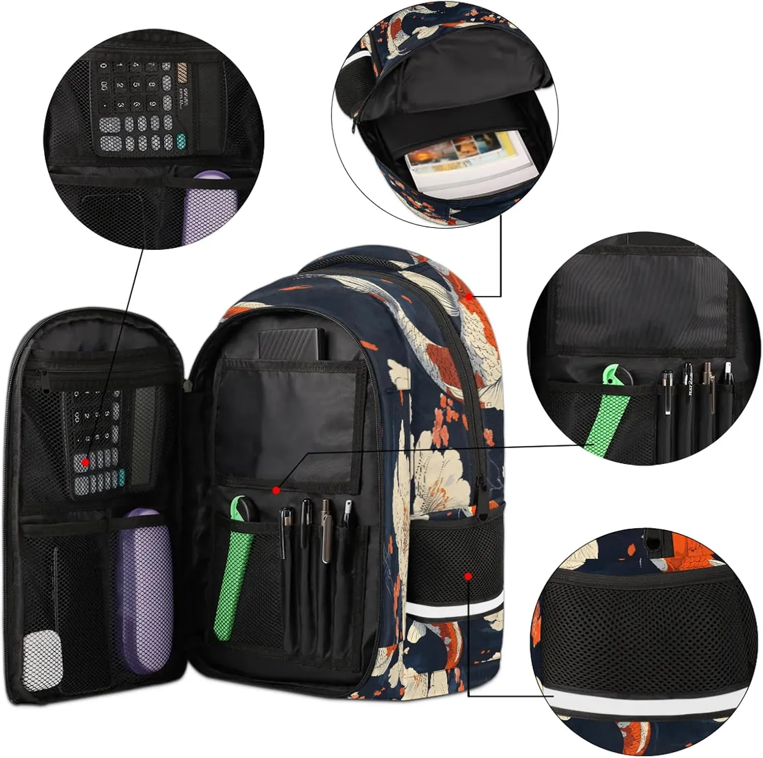 Koi Fish Travel Backpack Floral Waterproof Laptop Shoulder Bag with Adjustable Strap Casual Hiking Gym Travel Daypack