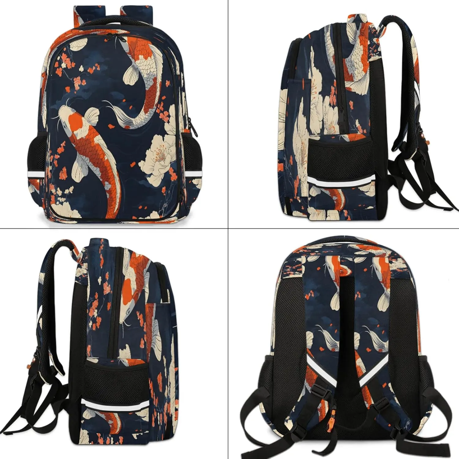 Koi Fish Travel Backpack Floral Waterproof Laptop Shoulder Bag with Adjustable Strap Casual Hiking Gym Travel Daypack