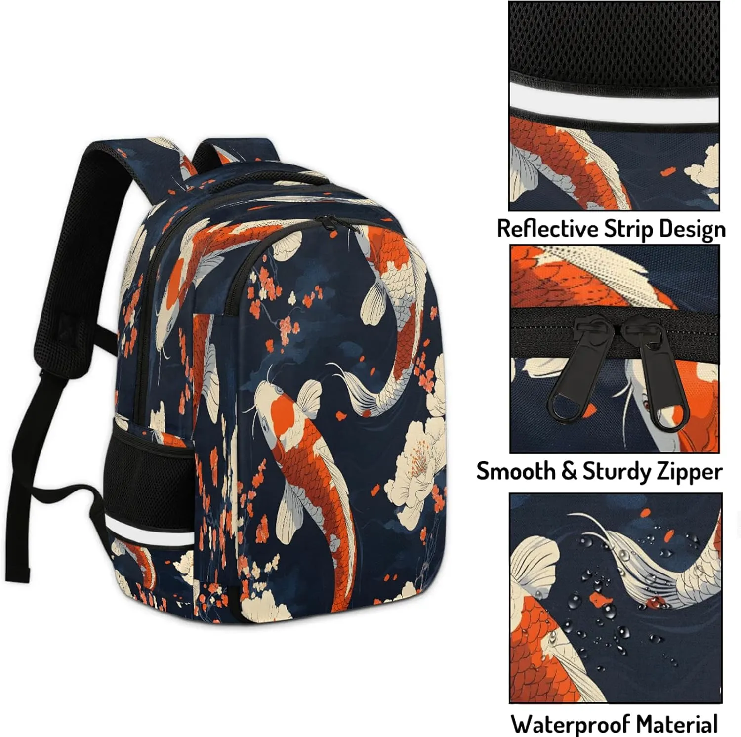 Koi Fish Travel Backpack Floral Waterproof Laptop Shoulder Bag with Adjustable Strap Casual Hiking Gym Travel Daypack