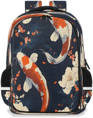 Koi Fish Travel Backpack Floral Waterproof Laptop Shoulder Bag with Adjustable Strap Casual Hiking Gym Travel Daypack