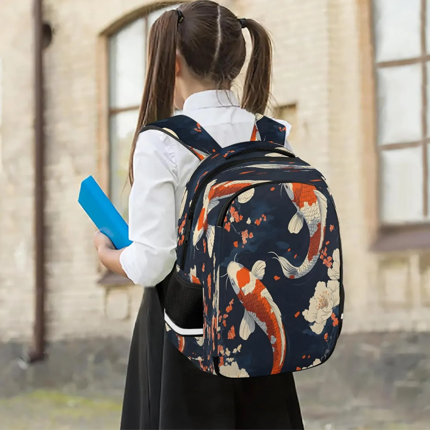 Koi Fish Travel Backpack Floral Waterproof Laptop Shoulder Bag with Adjustable Strap Casual Hiking Gym Travel Daypack