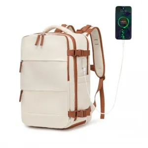 Kono Multifunctional Breathable Travel Backpack With USB Charging Port And Separate Shoe Compartment - Beige And Brown