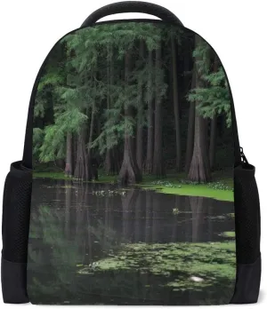 Kuizee Classic Backpack Adjustable Padded Shoulder Straps Daypack ﻿Gloomy Dark Green Forest Swamp Nature Landscape Book Bag Casual Bags Durable College School Daily 16Inch
