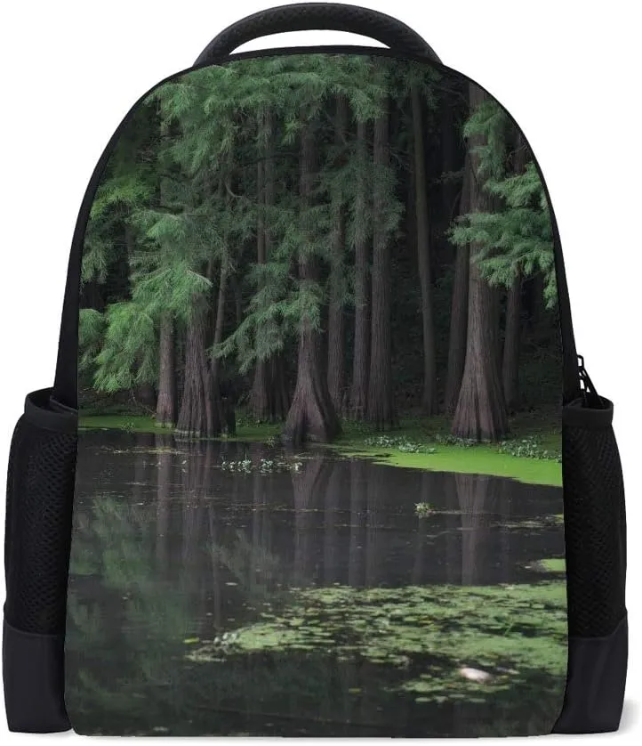 Kuizee Classic Backpack Adjustable Padded Shoulder Straps Daypack ﻿Gloomy Dark Green Forest Swamp Nature Landscape Book Bag Casual Bags Durable College School Daily 16Inch