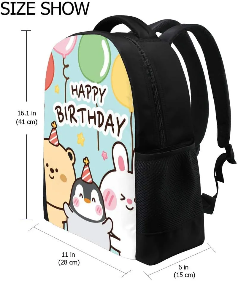Kuizee Classic Backpack Schoolbag Adjustable Padded Shoulder Straps Daypack ﻿Bear Penguin Rabbit Cartoon Doodle Happy Birthday Blue Casual Bags Durable College Daily 16Inch