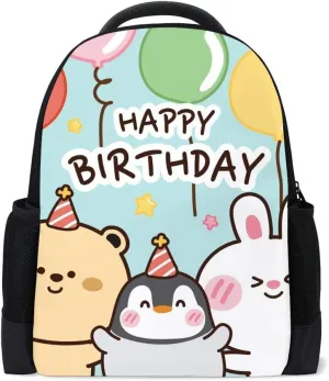 Kuizee Classic Backpack Schoolbag Adjustable Padded Shoulder Straps Daypack ﻿Bear Penguin Rabbit Cartoon Doodle Happy Birthday Blue Casual Bags Durable College Daily 16Inch