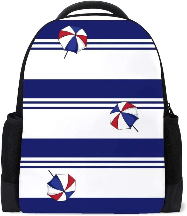 Kuizee Classic Backpack Schoolbag Adjustable Padded Shoulder Straps Daypack Colorful Beach Umbrella Blue Casual Bags Durable College Daily 16Inch