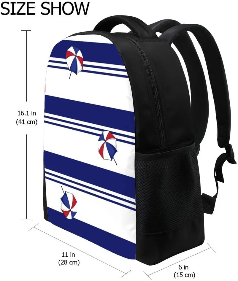 Kuizee Classic Backpack Schoolbag Adjustable Padded Shoulder Straps Daypack Colorful Beach Umbrella Blue Casual Bags Durable College Daily 16Inch