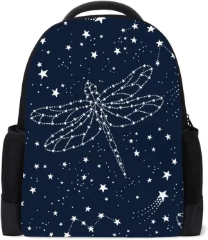 Kuizee Classic Backpack Schoolbag Adjustable Padded Shoulder Straps Daypack ﻿Dragonfly Constellations Stars Astronomical Dark Blue Casual Bags Durable College Daily 16Inch