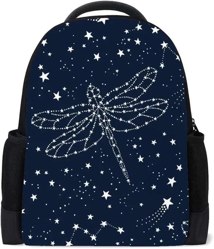 Kuizee Classic Backpack Schoolbag Adjustable Padded Shoulder Straps Daypack ﻿Dragonfly Constellations Stars Astronomical Dark Blue Casual Bags Durable College Daily 16Inch