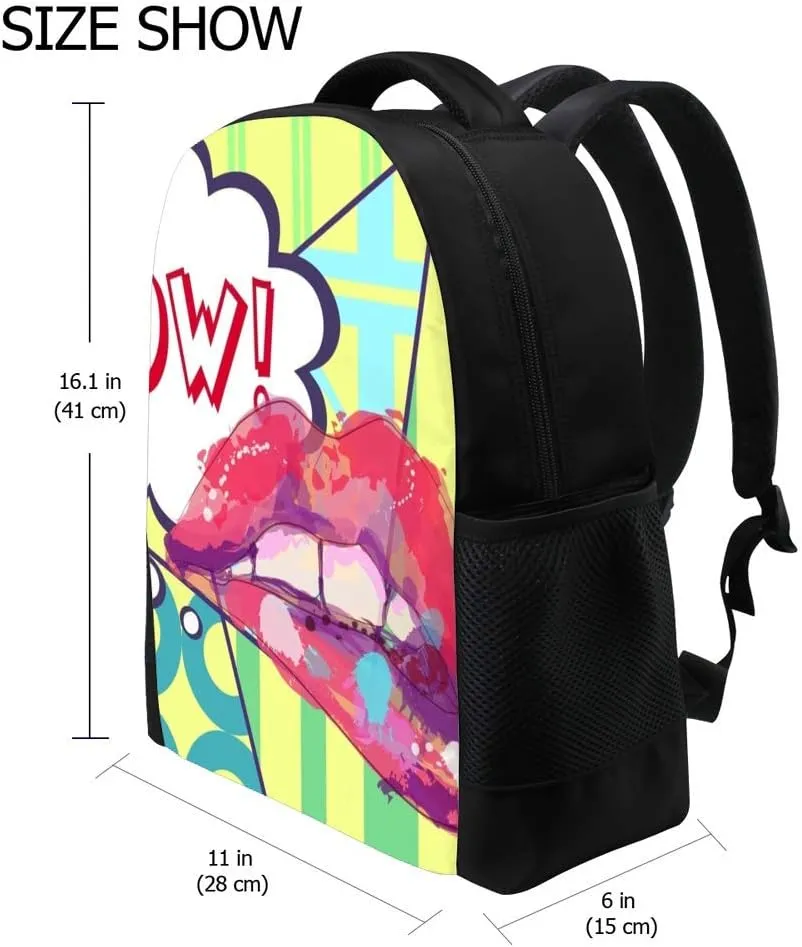 Kuizee Classic Backpack Schoolbag Adjustable Padded Shoulder Straps Daypack ﻿Pop Art Lips Speech Bubble Casual Bags Durable College Daily 16Inch