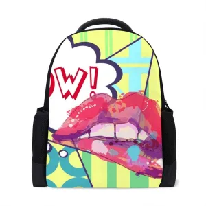 Kuizee Classic Backpack Schoolbag Adjustable Padded Shoulder Straps Daypack ﻿Pop Art Lips Speech Bubble Casual Bags Durable College Daily 16Inch