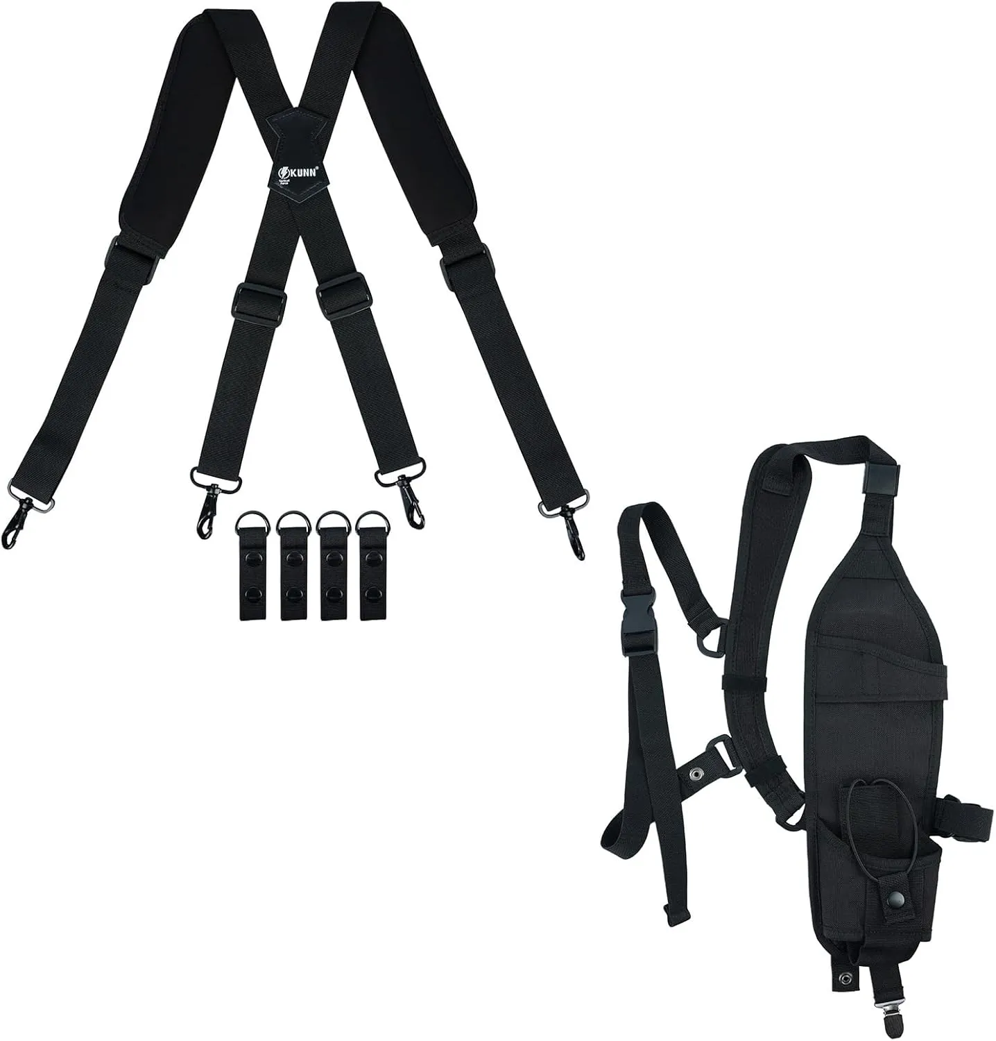 KUNN Tactical Duty Belt Suspenders with Metal Hook,Men Padded Police Harness for Duty Belt   Universal Left Side Radio Shoulder Holster,Two-Way Radio Holder with Belt Clip