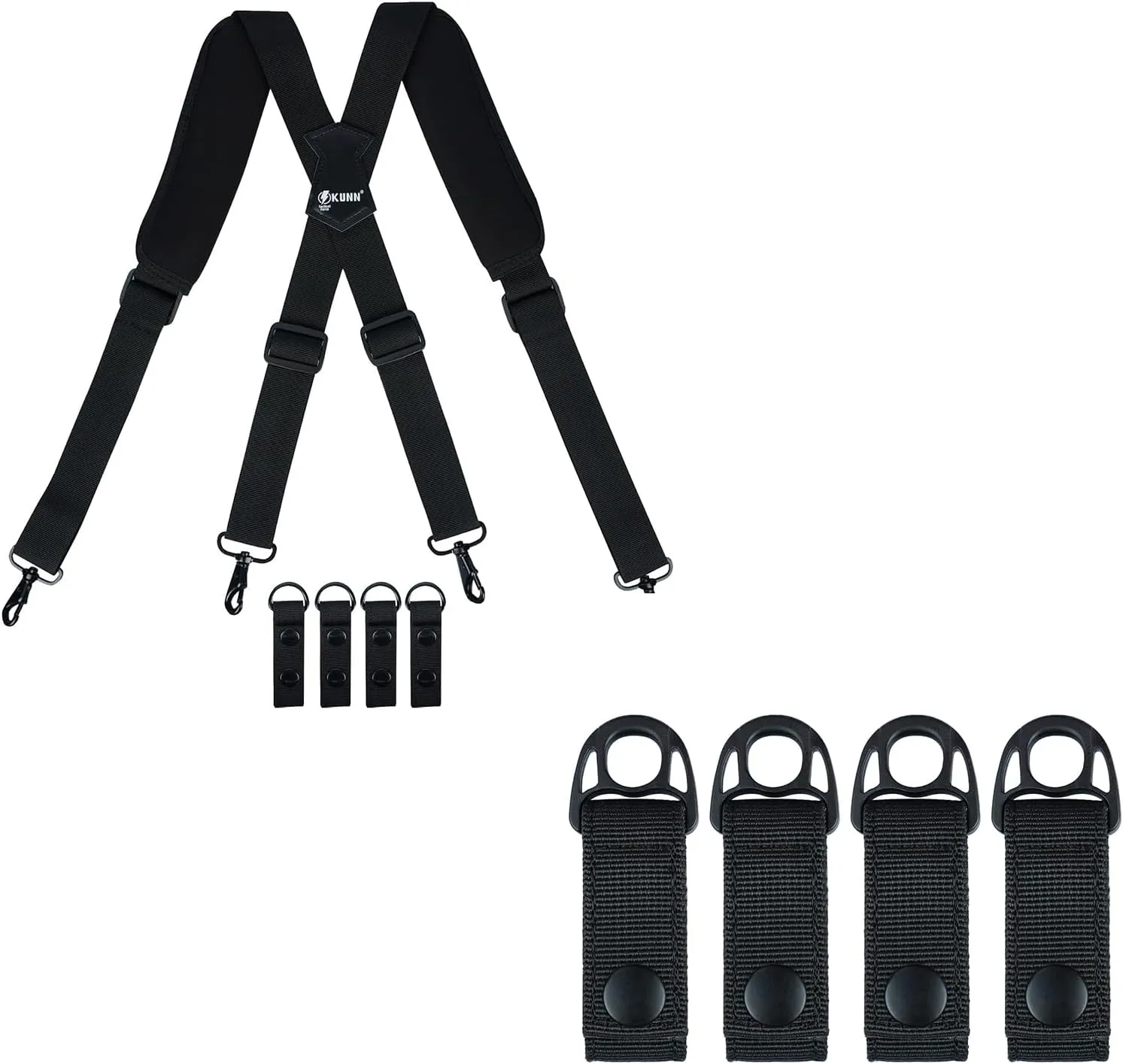 KUNN Tactical Duty Belt Suspenders with Metal Hook,Men Padded Police Harness for Duty Belt,Black   Nylon Duty Belt Keeper with Hook and Loop Snap,Belt Keepers for 2.25" Duty Belt, 4 Pcs