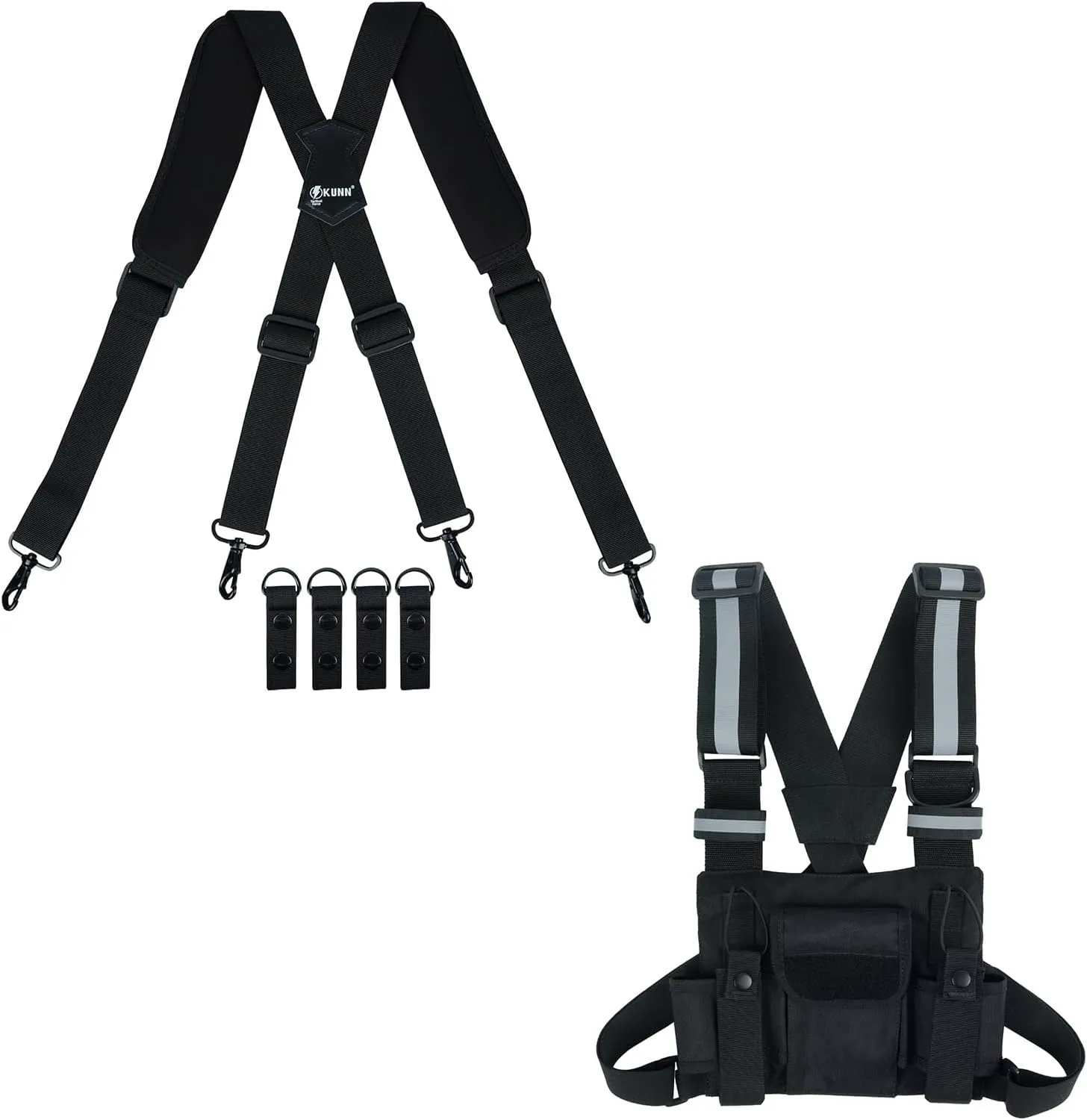 KUNN Tactical Duty Belt Suspenders with Metal Hook,Men Padded Police Harness for Duty Belt,Black   Radio Chest Harness with Reflective Straps, Micro Chest Rig Harness Chest Pack