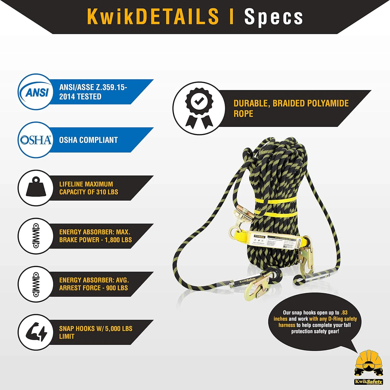 KwikSafety - Charlotte, NC - TSUNAMI COMBO [Premium BRAIDED ROPE] Vertical Lifeline ANSI OSHA Rope Grab Snap Hook Shock Absorber Fall Protection Restraint System Roof Safety Equipment / 50 FT.