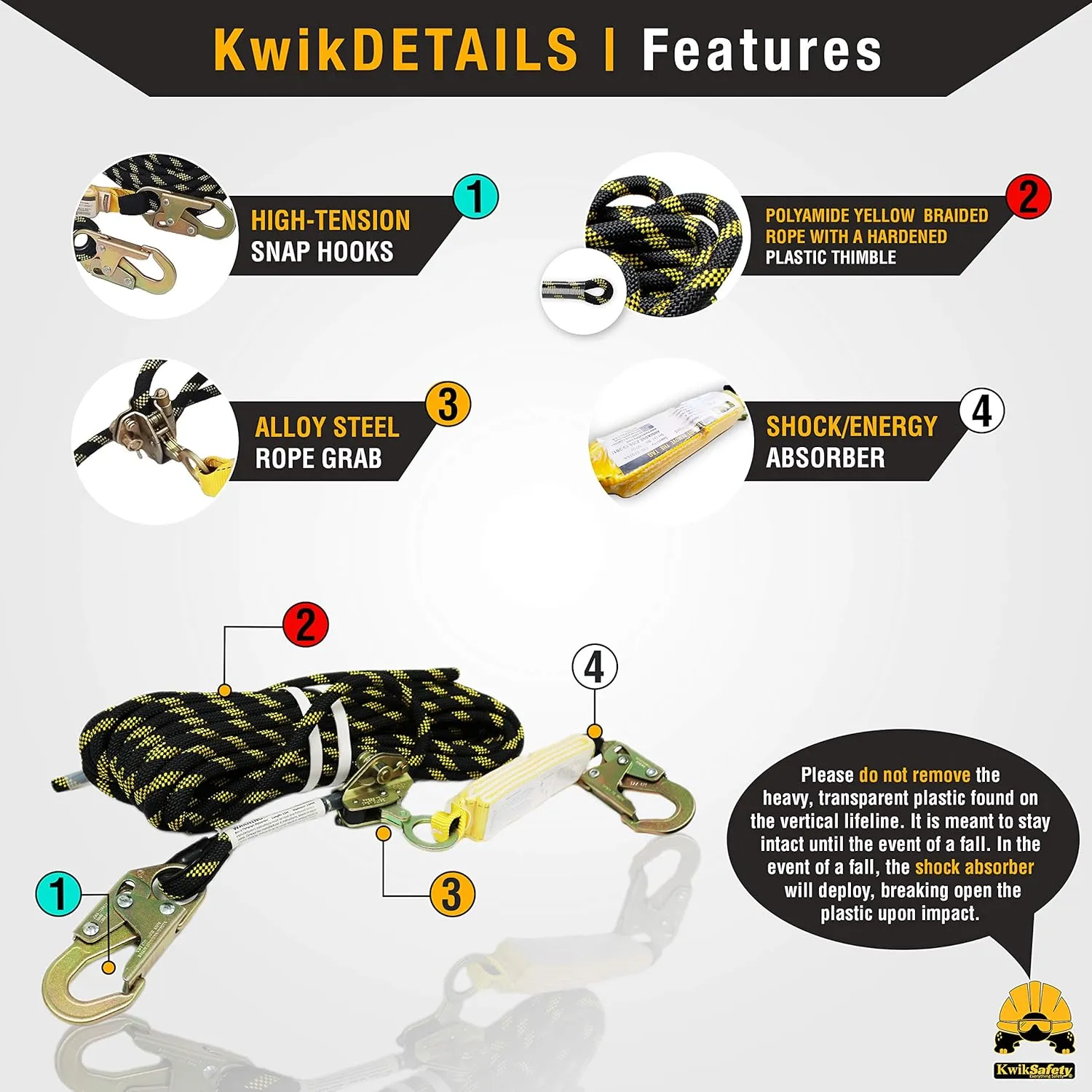 KwikSafety - Charlotte, NC - TSUNAMI COMBO [Premium BRAIDED ROPE] Vertical Lifeline ANSI OSHA Rope Grab Snap Hook Shock Absorber Fall Protection Restraint System Roof Safety Equipment / 50 FT.