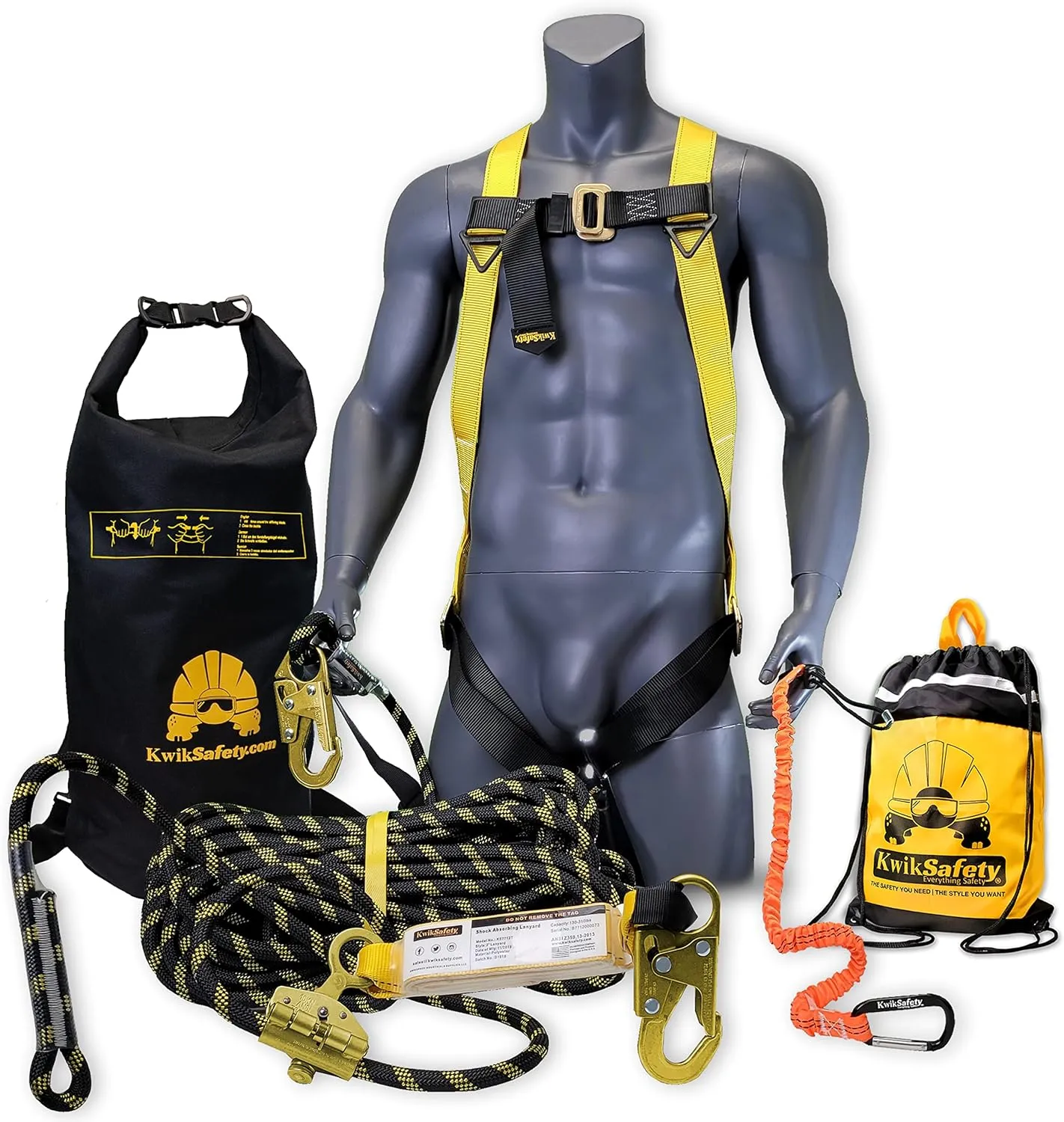 KwikSafety - Charlotte, NC - TSUNAMI COMBO [Premium BRAIDED ROPE] Vertical Lifeline ANSI OSHA Rope Grab Snap Hook Shock Absorber Fall Protection Restraint System Roof Safety Equipment / 50 FT.