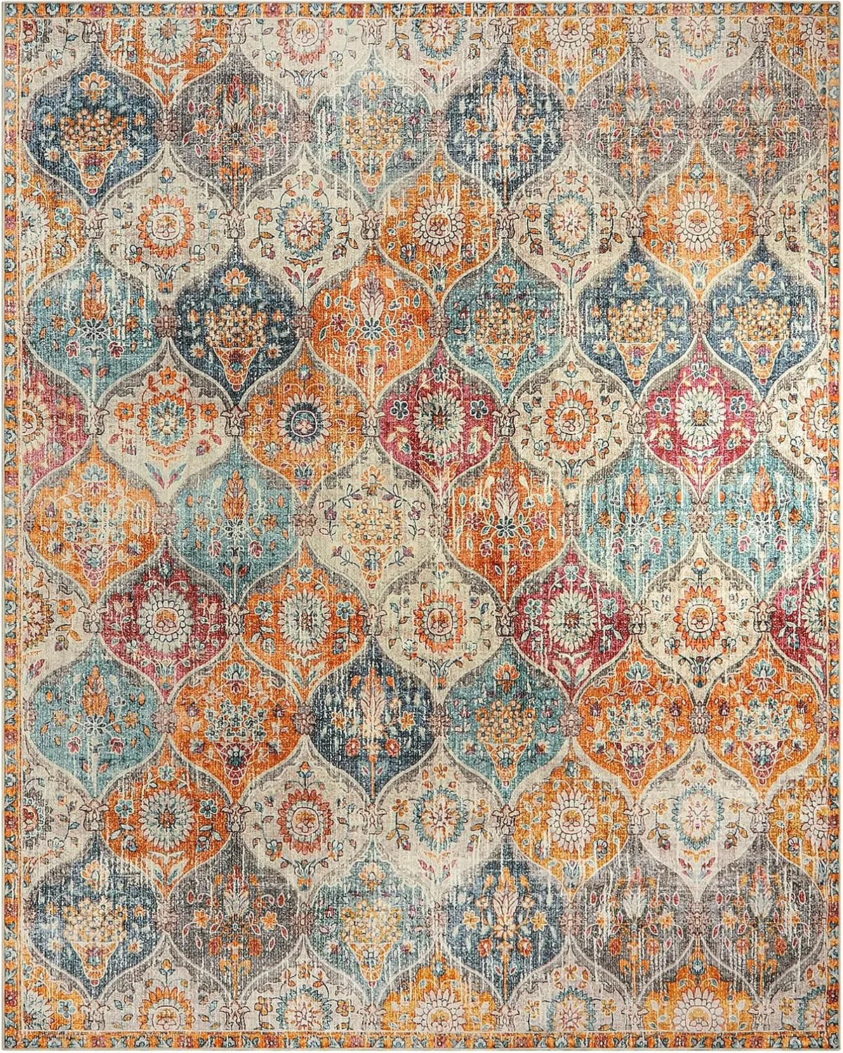 Lahome Moroccan Washable Area Rugs 8x10, 8x10 Rugs for Living Room Bedroom, Ultra-Thin Oriental Non-Slip Foldable Non Shedding Accent Large Carpet for Office Dining Room, Cream/Multi