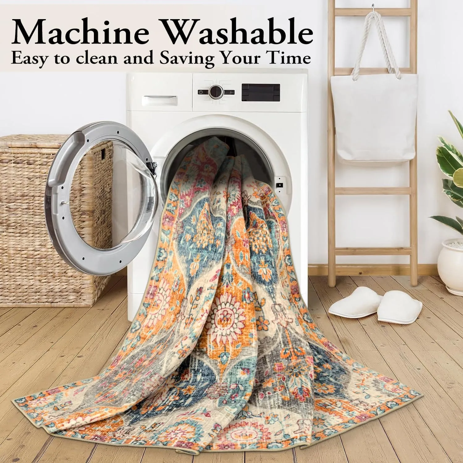 Lahome Moroccan Washable Area Rugs 8x10, 8x10 Rugs for Living Room Bedroom, Ultra-Thin Oriental Non-Slip Foldable Non Shedding Accent Large Carpet for Office Dining Room, Cream/Multi