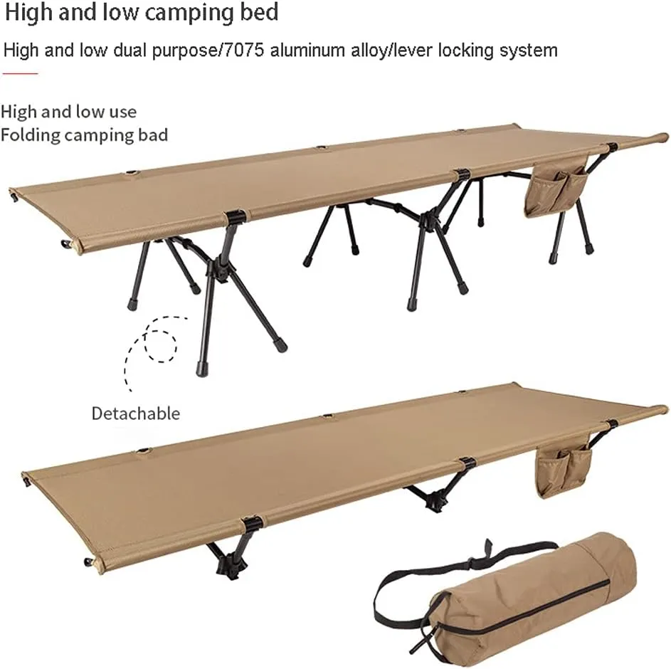 LANGWEI Lightweight Camping Cot, Portable Folding Camping Cots Bed with Aluminum Alloy Bed Frames, High and Low Dual-Use Travel Bed for Garden Yard Lawn Sunbathing