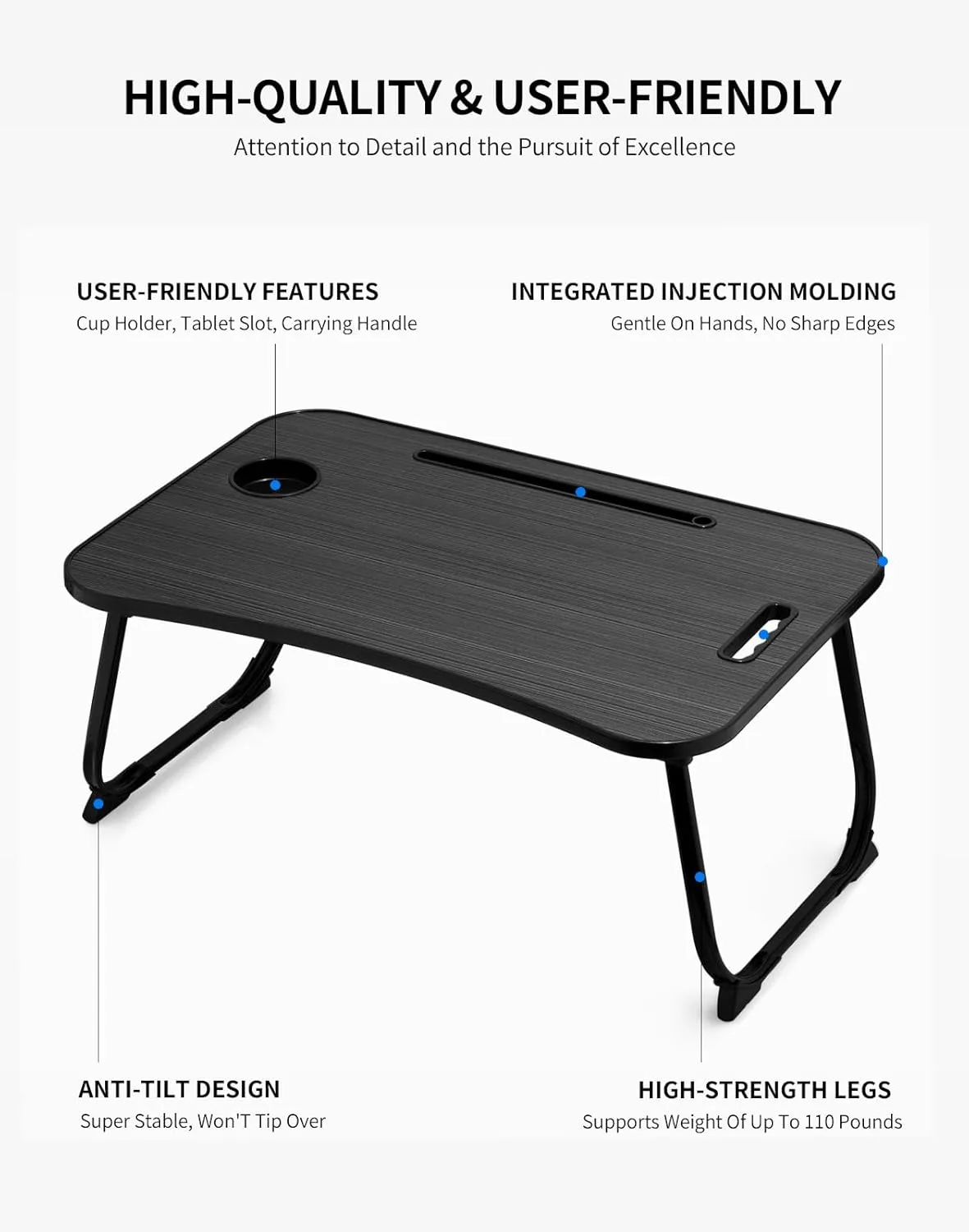 Laptop Bed Desk, Foldable Lap Table, Portable Study Table, Laptop Stand with Cup Holder & Tablet Slot & Lifting Handle for Working Writing Drawing & Eating - Black