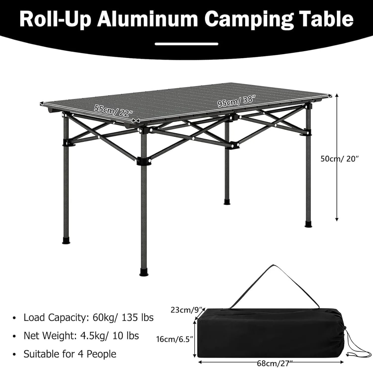 Large Folding Camping Table, Portable Aluminum Roll-up Picnic Backpacking Table with Carry Bag, Lightweight Outdoor Foldable Table for BBQ Travel Party Beach, 4-6 Person