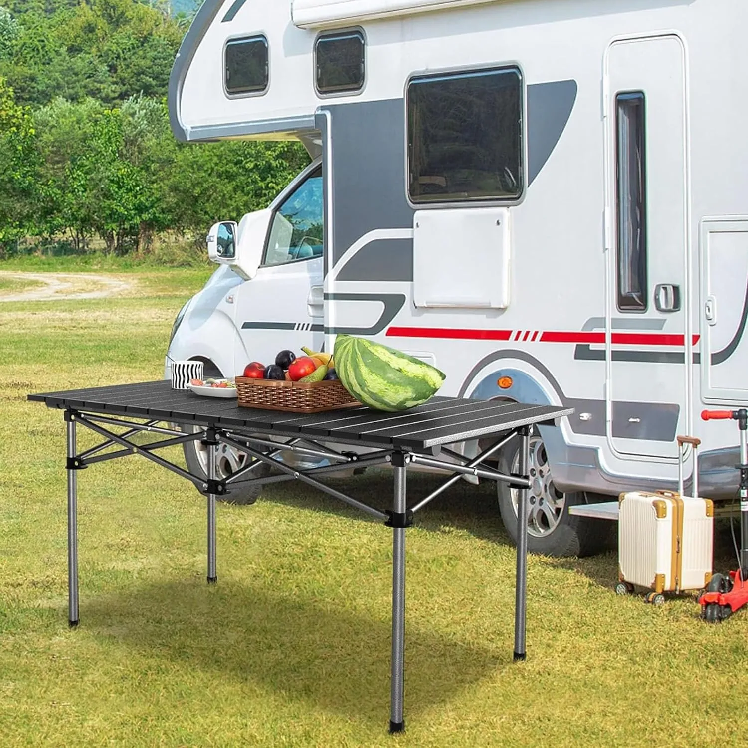 Large Folding Camping Table, Portable Aluminum Roll-up Picnic Backpacking Table with Carry Bag, Lightweight Outdoor Foldable Table for BBQ Travel Party Beach, 4-6 Person