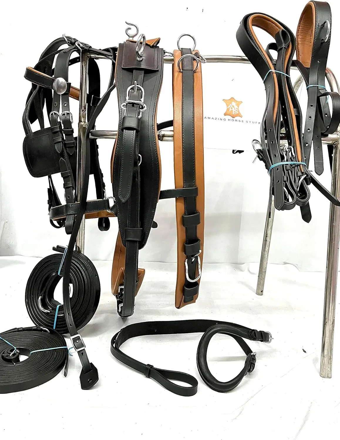 Leather Horse Driving Harness in Black with a Contrast of Tan Color (Cob)