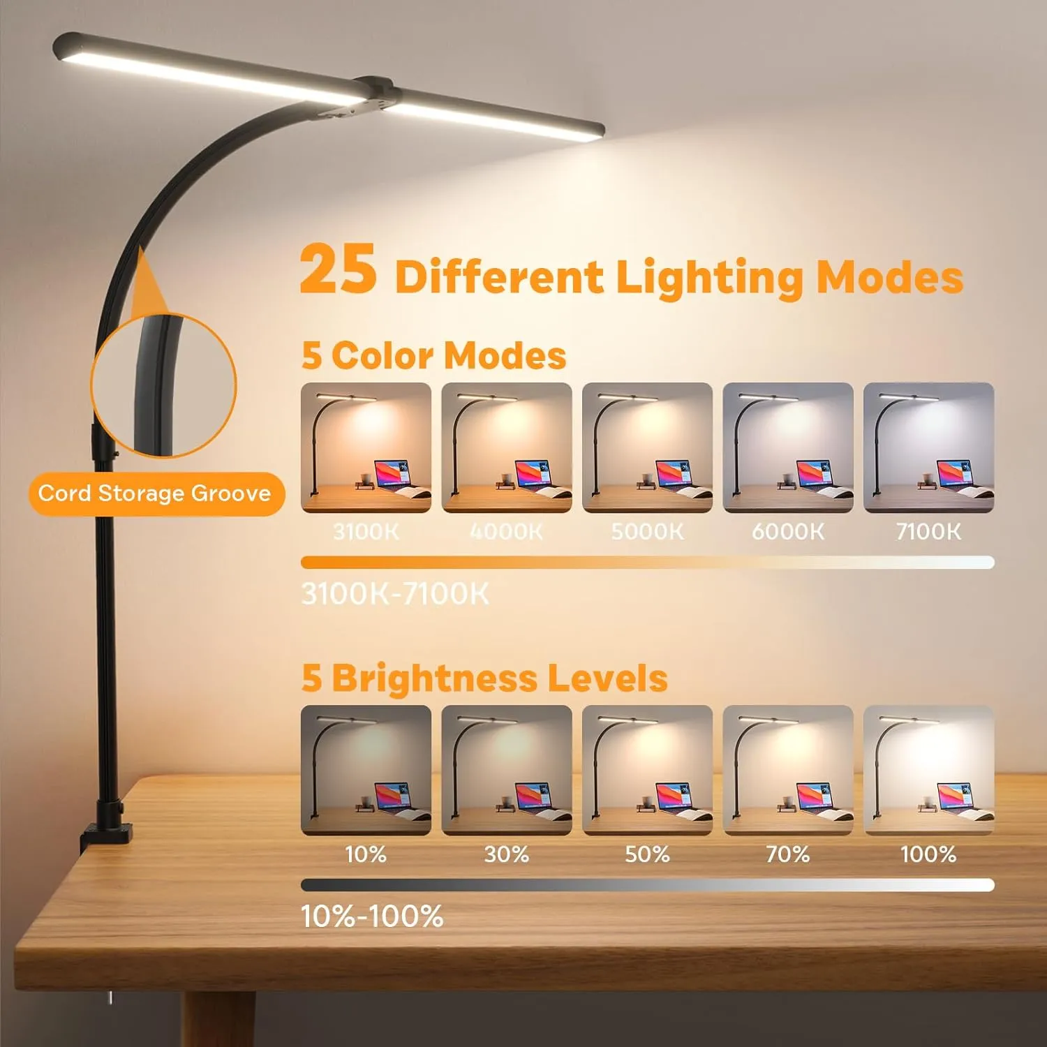 LED Desk Lamp for Home Office, Remote Control Computer Desk Light Bright Table Lamp for Study Dimmable Desktop Lighting with Clamp Adjustable Gooseneck, Double Head, 24W, Black