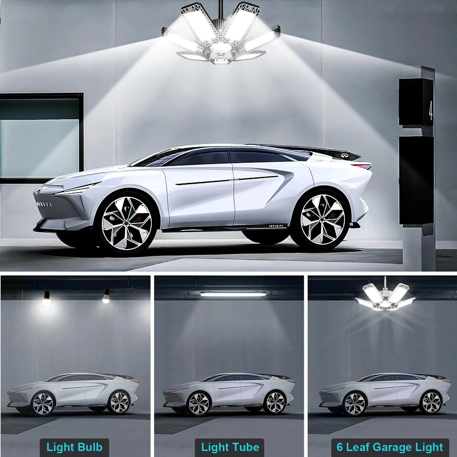 LED Garage Light 6 Pack - 200w 20000LM 6500K Garage Lights Ceiling LED with 7 1 Adjustable Panels, Shop Lights Screw in E26 E27 Bulb Socket for Workshop, Storage Room, Basement, Warehouse