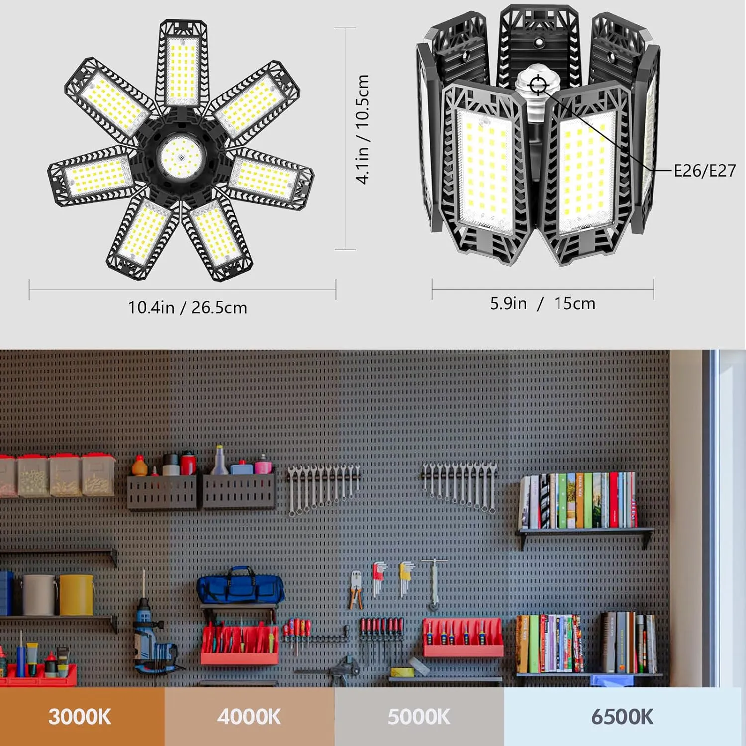 LED Garage Light 6 Pack - 200w 20000LM 6500K Garage Lights Ceiling LED with 7 1 Adjustable Panels, Shop Lights Screw in E26 E27 Bulb Socket for Workshop, Storage Room, Basement, Warehouse