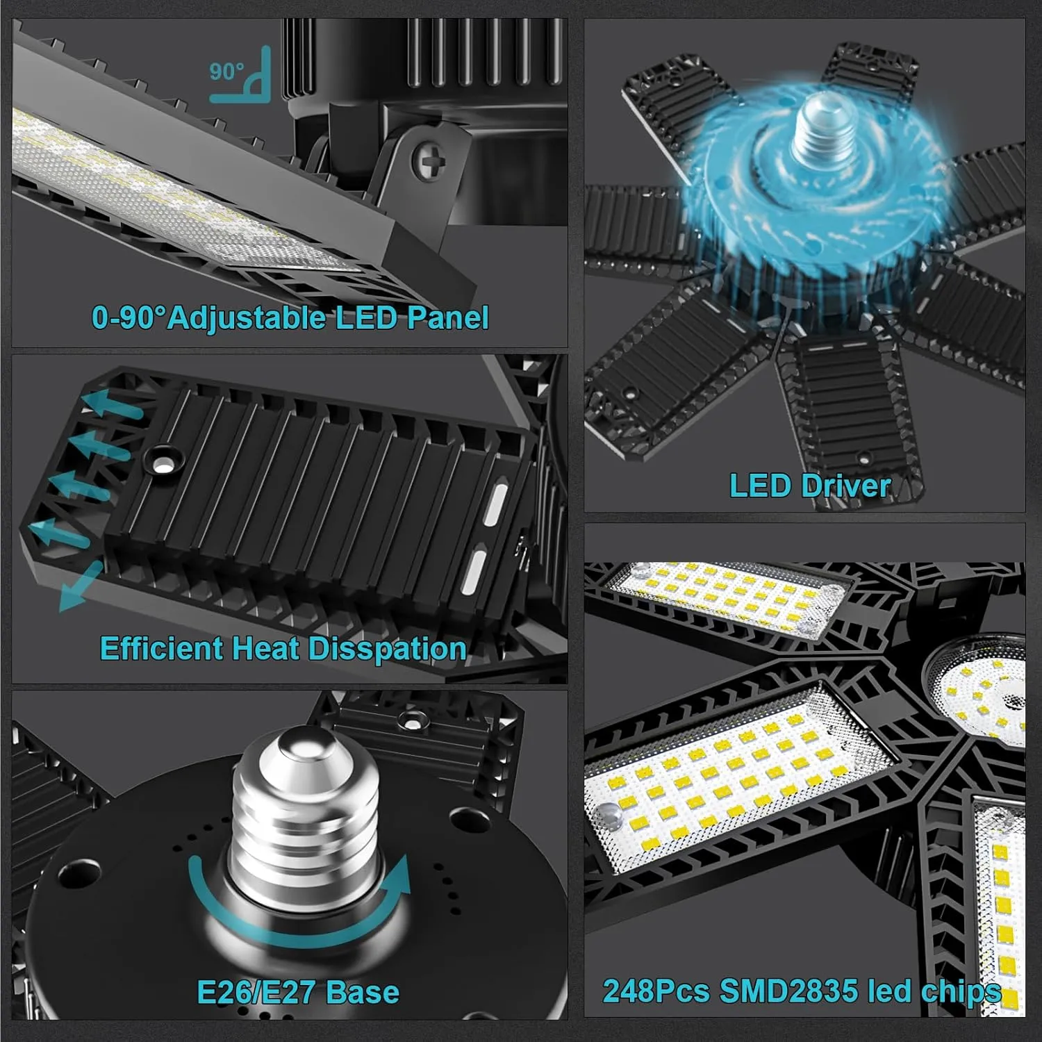 LED Garage Light 6 Pack - 200w 20000LM 6500K Garage Lights Ceiling LED with 7 1 Adjustable Panels, Shop Lights Screw in E26 E27 Bulb Socket for Workshop, Storage Room, Basement, Warehouse