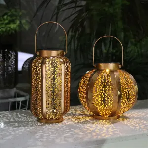 LED Solar Hanging Lantern, Retro Iron Art Design, Decorative Vintage Pathway Lamp, Outdoor Metal Hollow Light, Warm Light