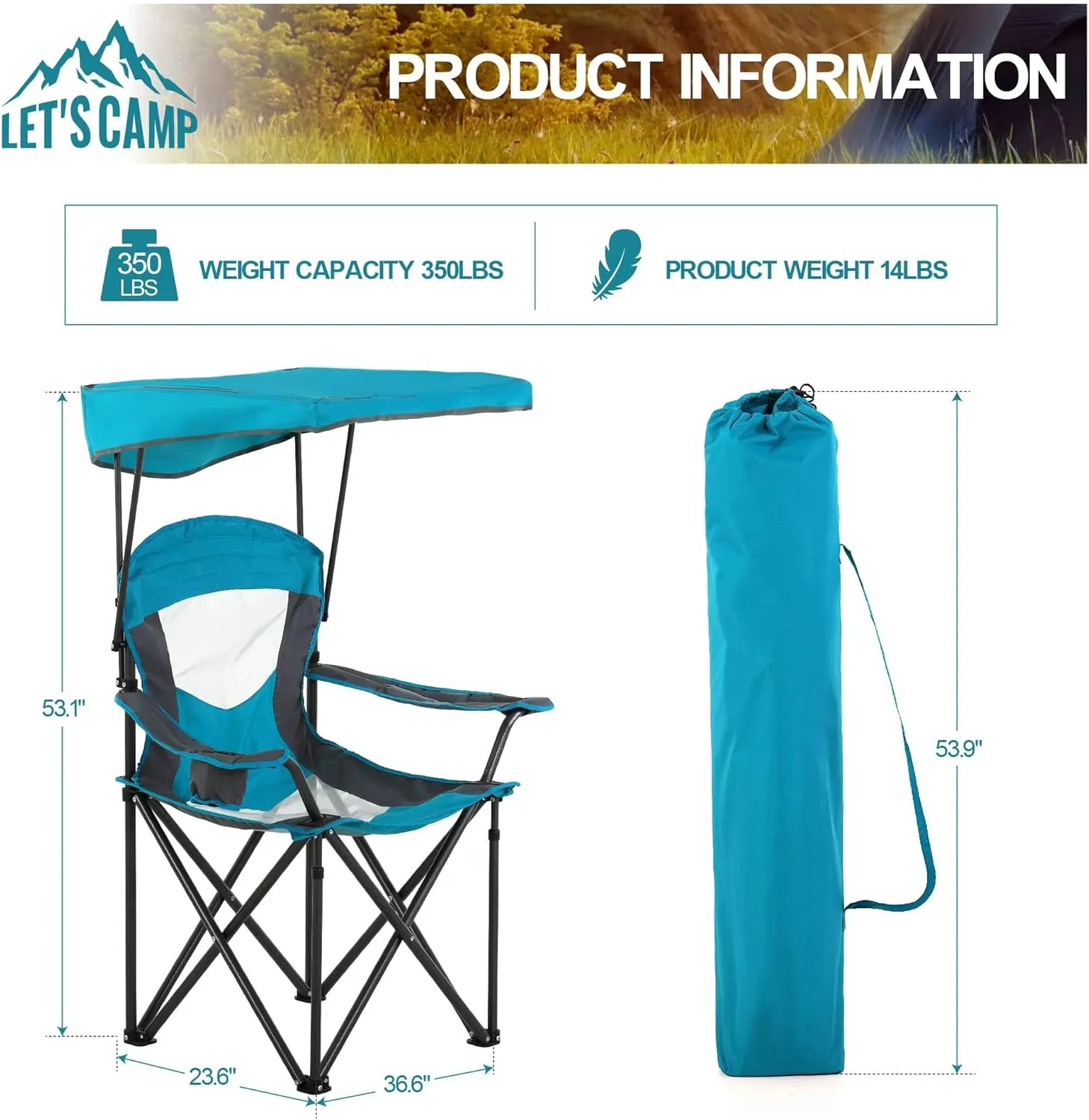 LET'S CAMP Camp Chair with Shade Canopy Folding Camping Chair with Cup Holder and Carry Bag for Outdoor Camping Hiking Beach, Heavy Duty 350 LBS,2 Pack