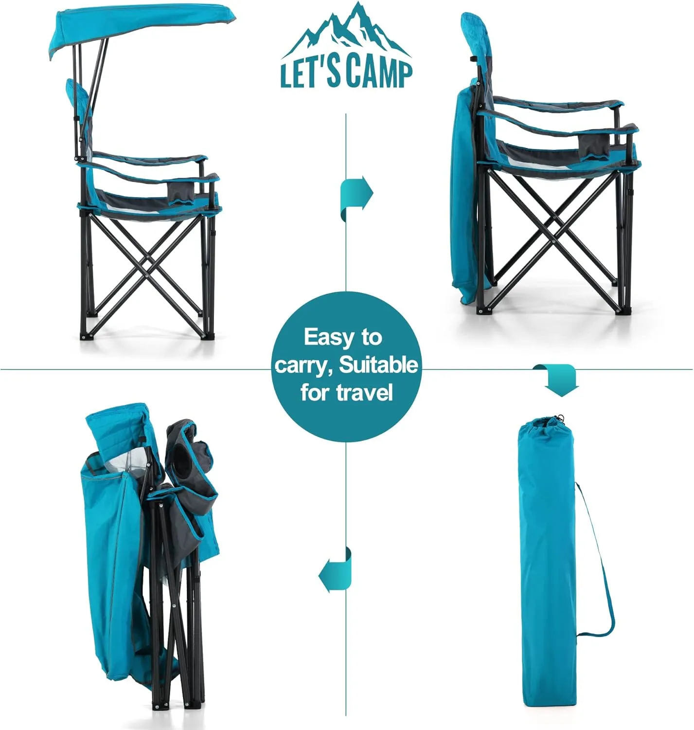 LET'S CAMP Camp Chair with Shade Canopy Folding Camping Chair with Cup Holder and Carry Bag for Outdoor Camping Hiking Beach, Heavy Duty 350 LBS,2 Pack