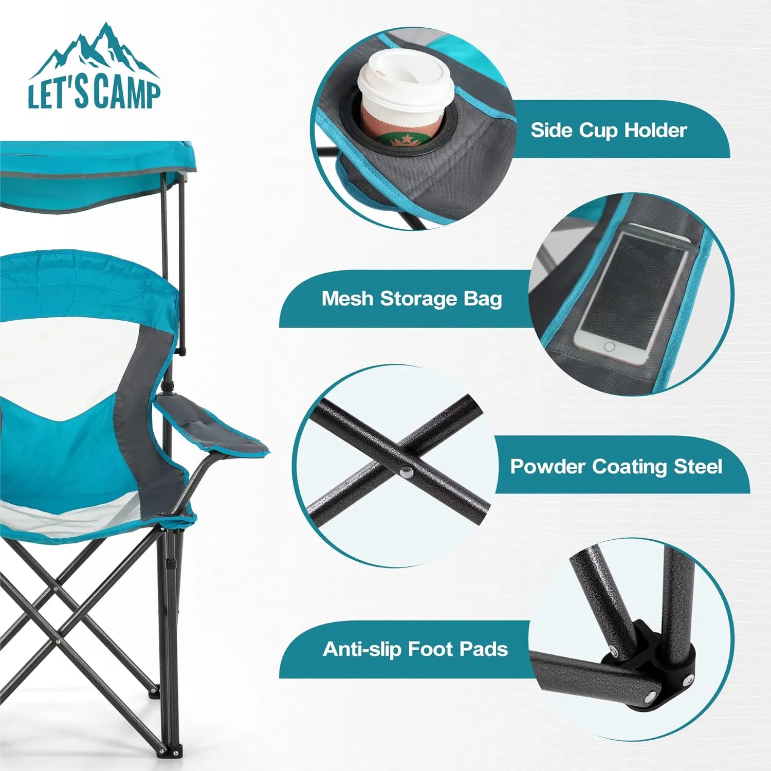 LET'S CAMP Camp Chair with Shade Canopy Folding Camping Chair with Cup Holder and Carry Bag for Outdoor Camping Hiking Beach, Heavy Duty 350 LBS,2 Pack